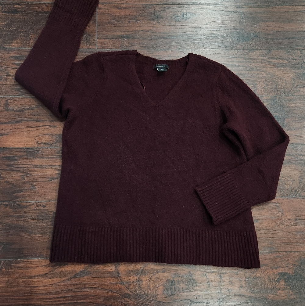 Tahari Deep Burgundy V-Neck Sweater - Picture 2 of 7